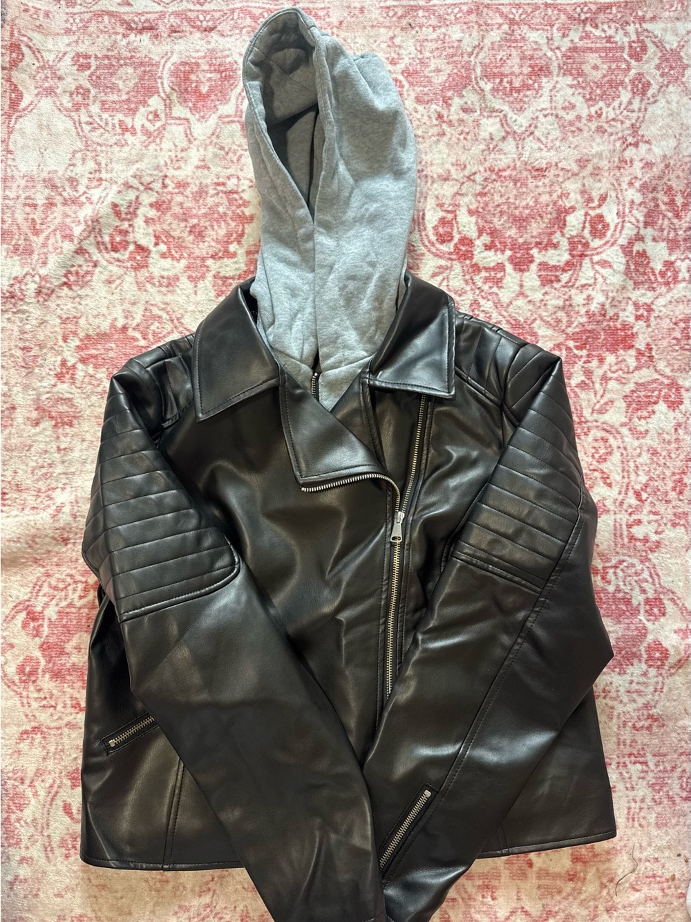 Black Faux Leather Bomber Jacket with Attached Gray Hood